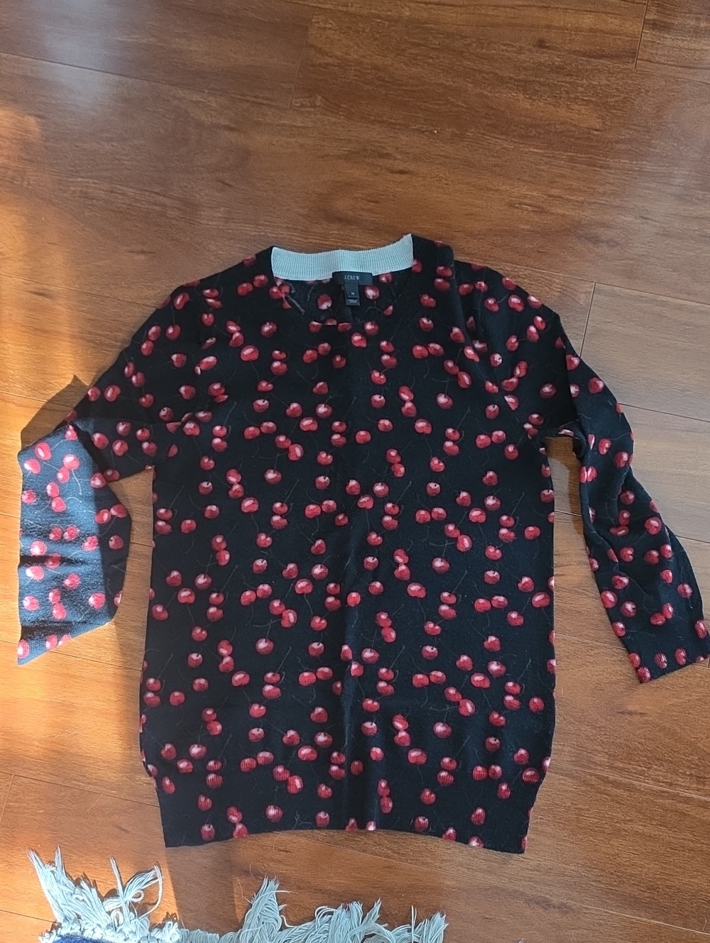 J. Crew Merino Wool Black Sweater with Red Cherry Print